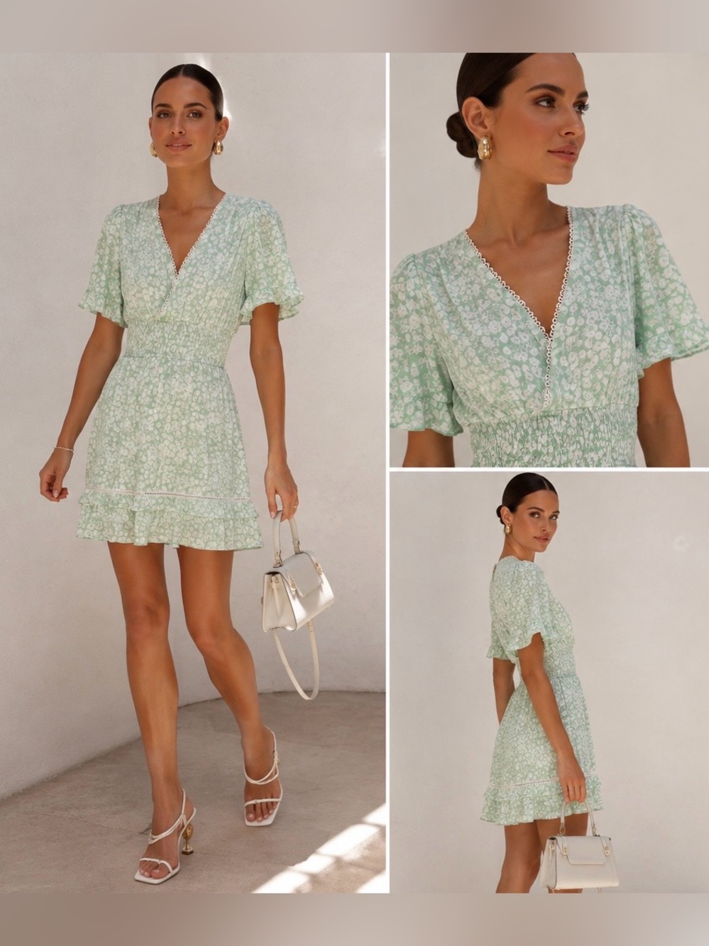 Lost + Wander Green Floral Mini Dress XS Smocked Waist Ruffle Tiered NWT